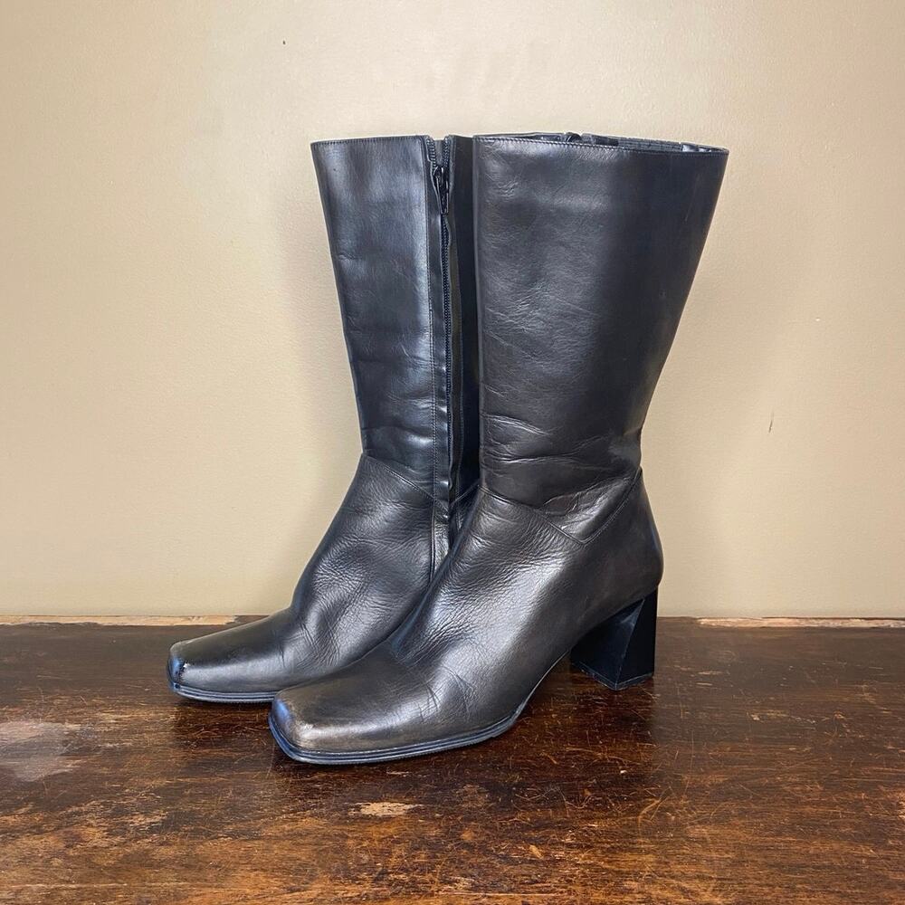 Carlos Falchi Vintage Y2K Square Toe Block Heel Leather Boot, Women’s US 8